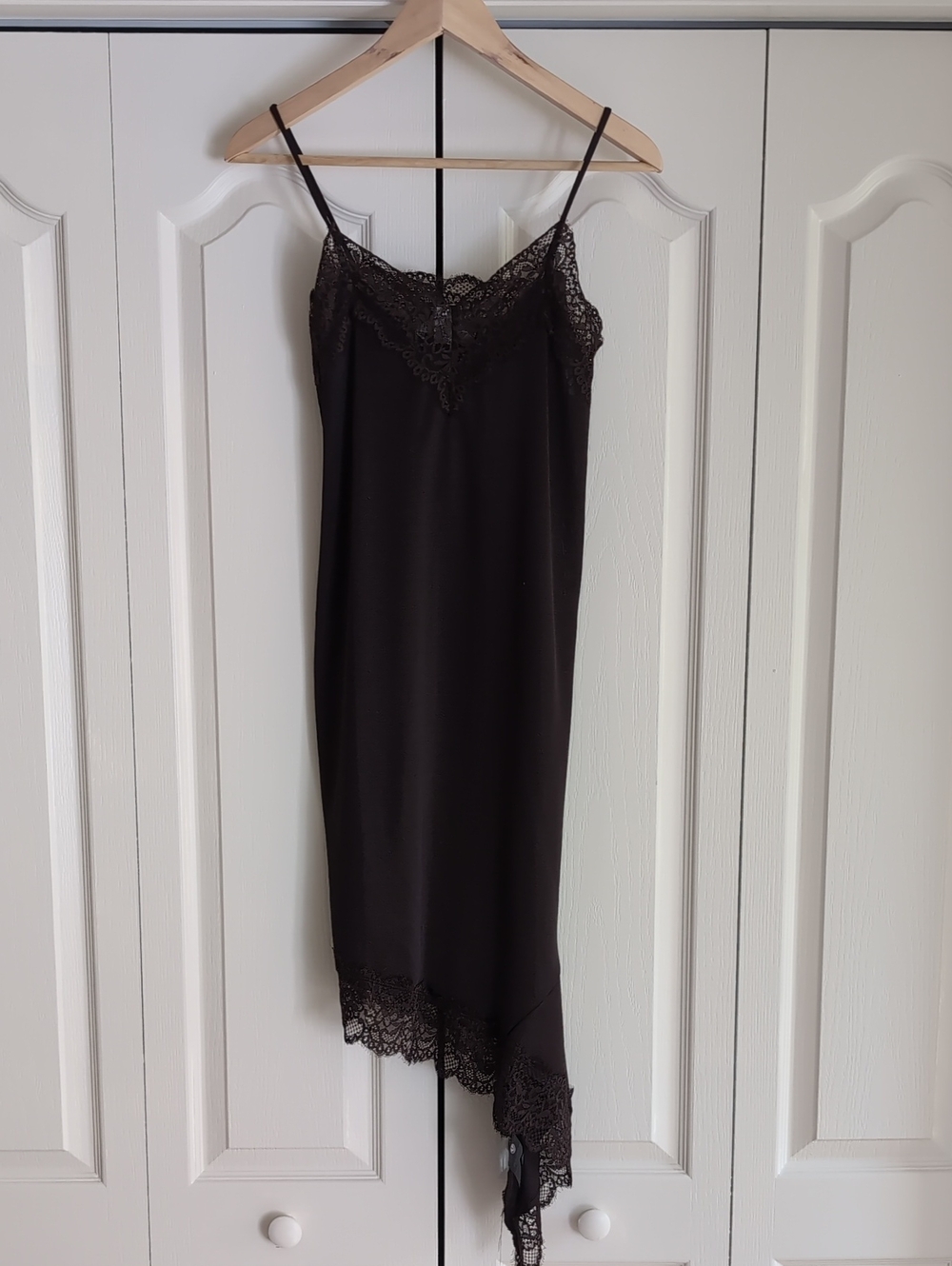 Satin Brown Lace-Trim Assymetrical Slip Dress - Picture 1 of 6